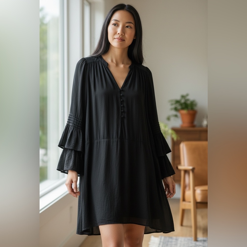 Parker Black Silk Bell Sleeves Mini Dress